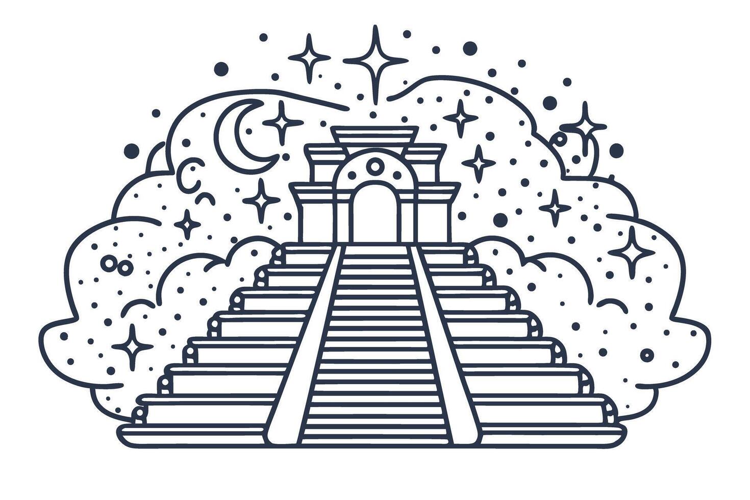 Ancient pyramid with stars and moon mystical night scene, celestial architecture and dreamy clouds vector