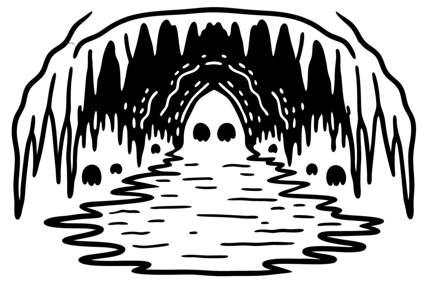 Haunted cave with eerie skulls and stalactites, dark water reflection vector