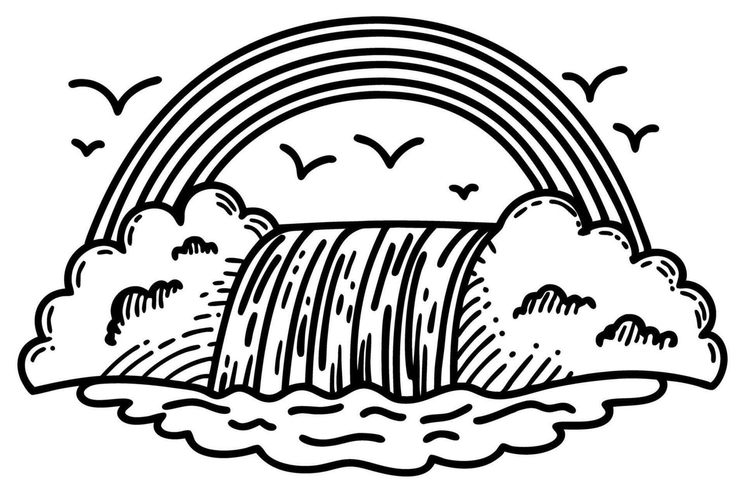 Monochrome waterfall under rainbow with birds, nature illustration vector