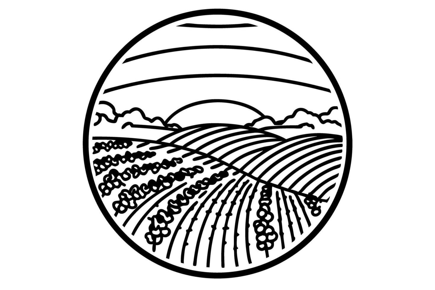Circular landscape illustration of agricultural fields and rolling hills at sunset vector