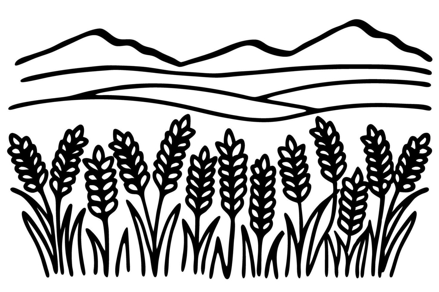 Wheat field with mountain landscape line art drawing nature illustration vector