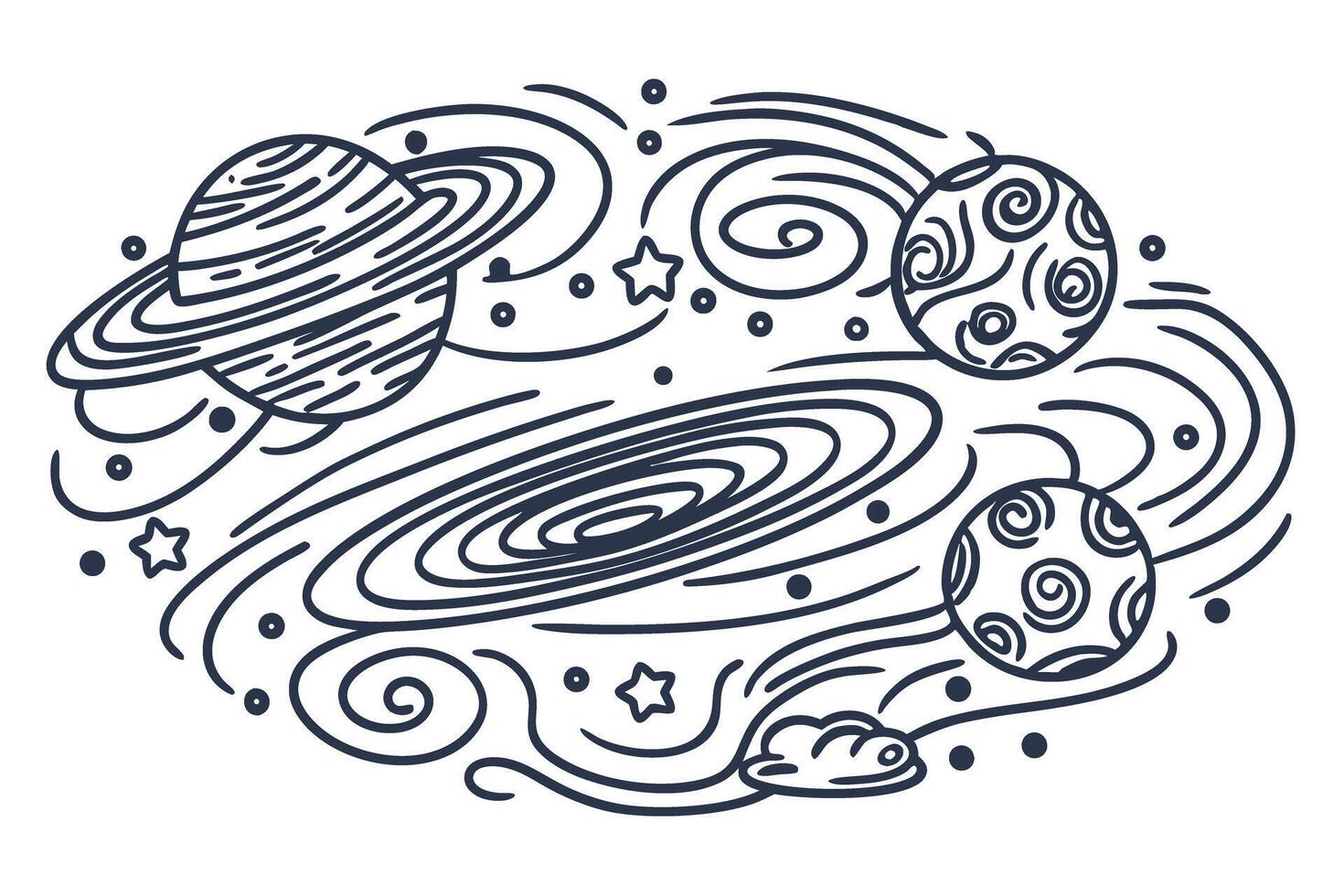 Abstract space illustration planets, stars, and galaxy in whimsical line art design vector
