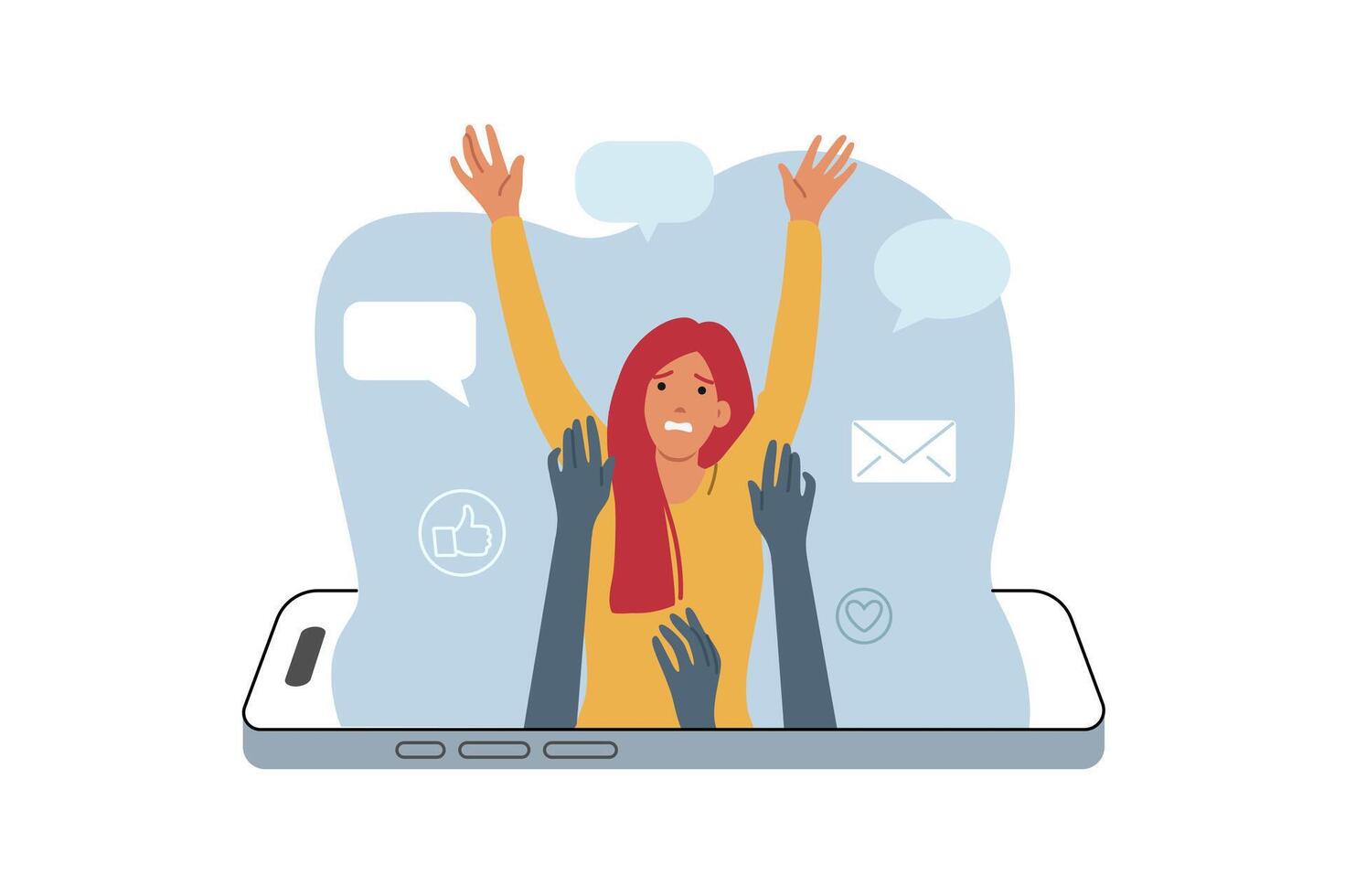 Problem of digital addiction, for woman drowning in mobile phone, due to overabundance of messages vector