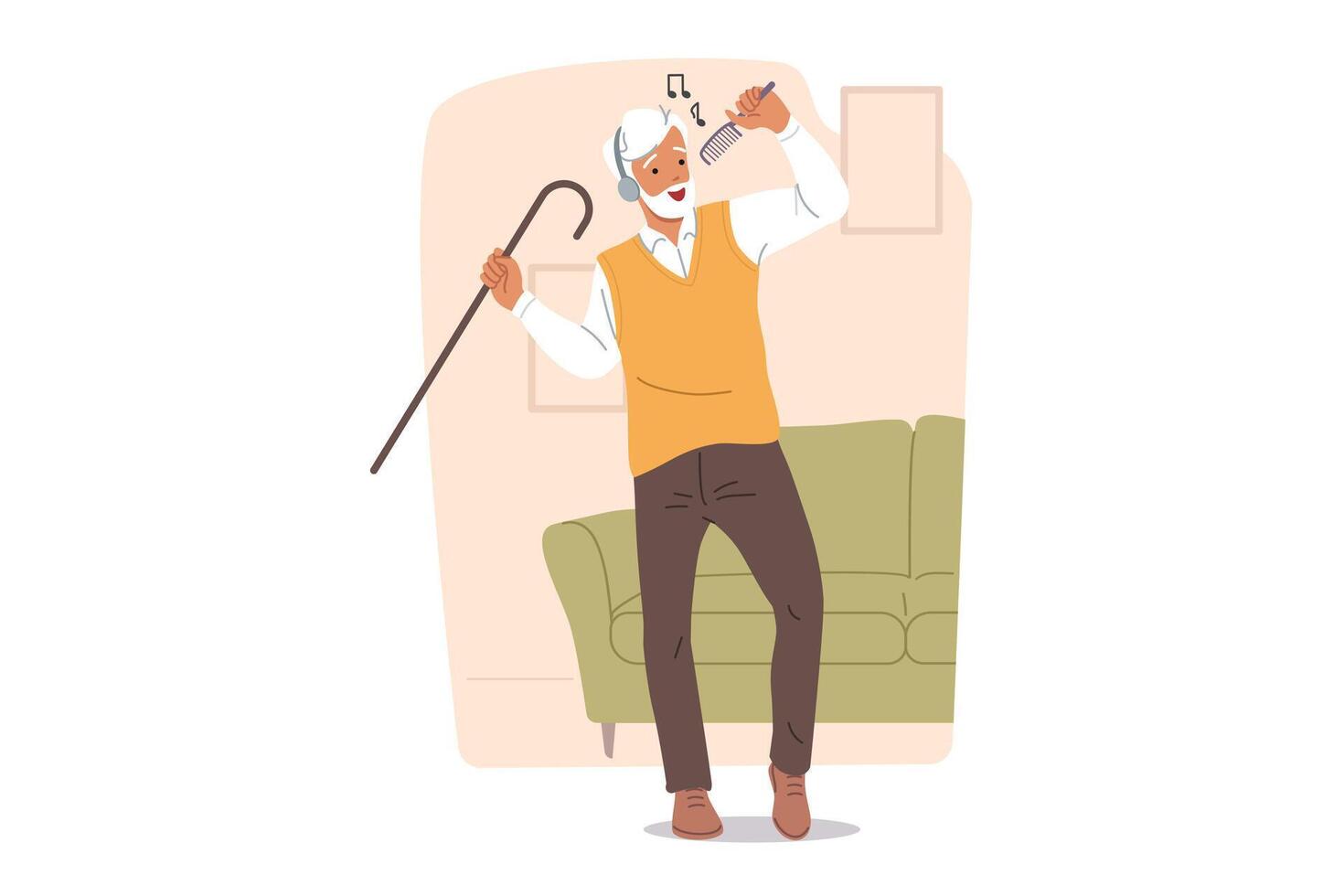 Active elderly man dances and sings while listening to music on headphones, in apartment near sofa vector