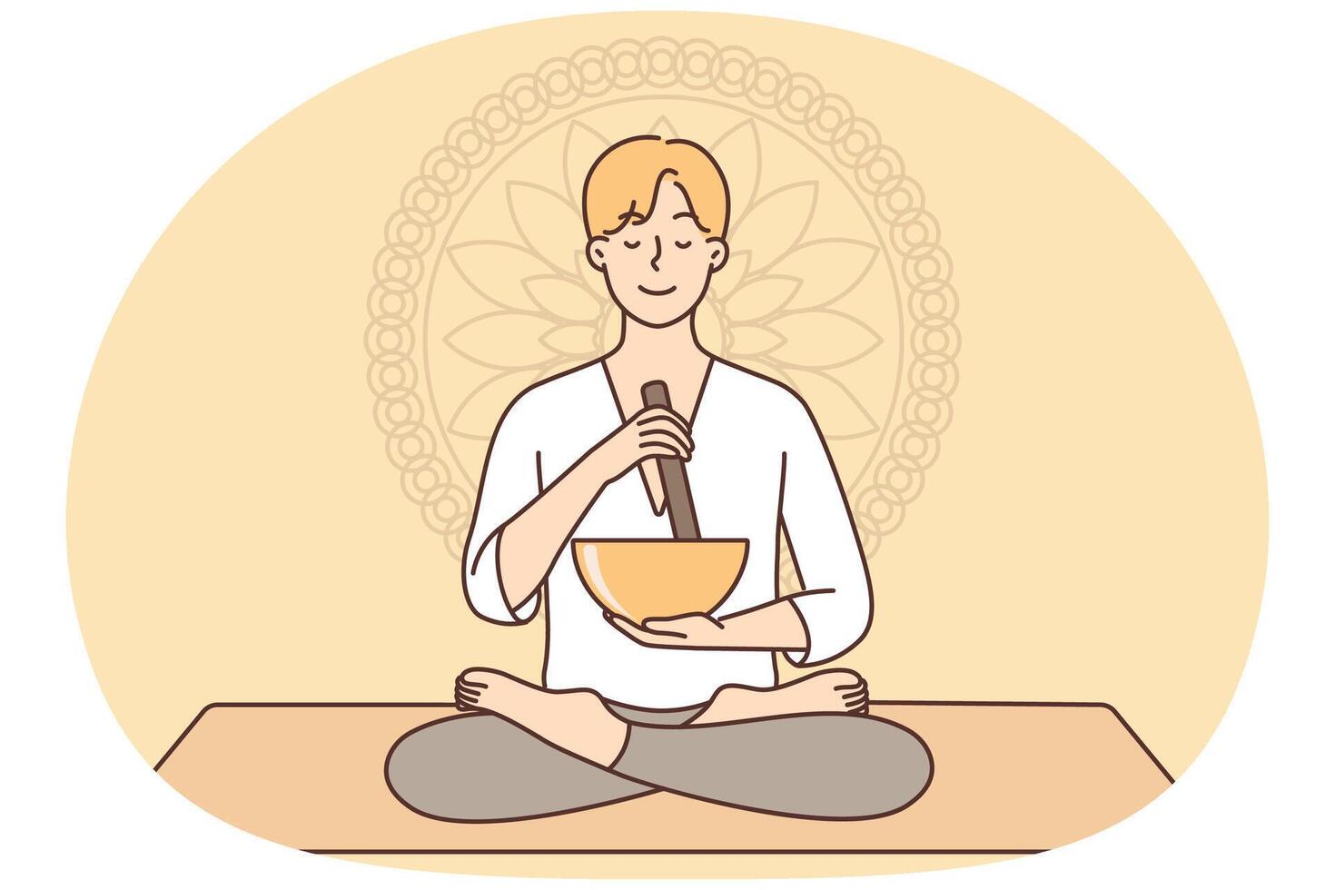 Meditating man sitting in lotus position on yoga mat using bowl to perform ancient ritual vector