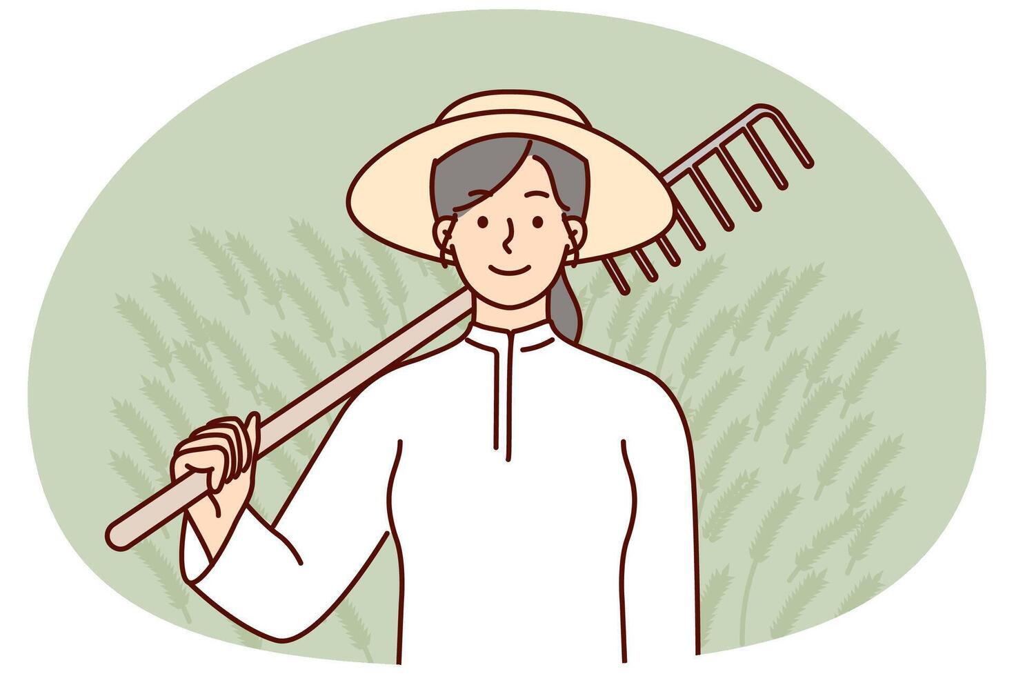 Farmer woman holding rake on shoulder after completing soil preparation for planting crops vector