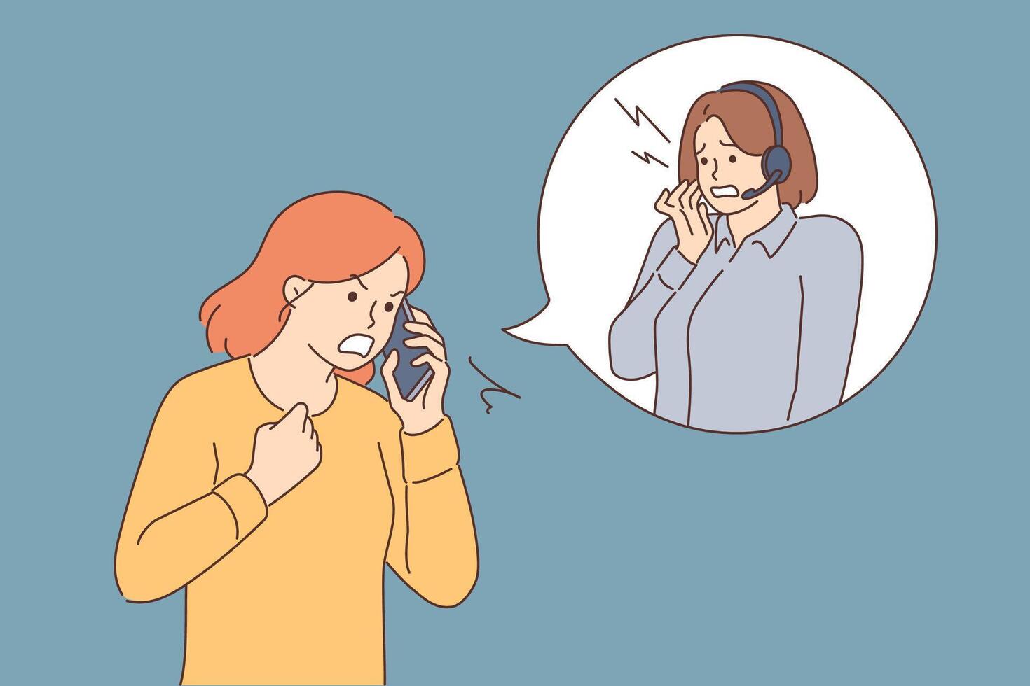 Swearing at call center operator is done by angry female user who received poor quality services vector