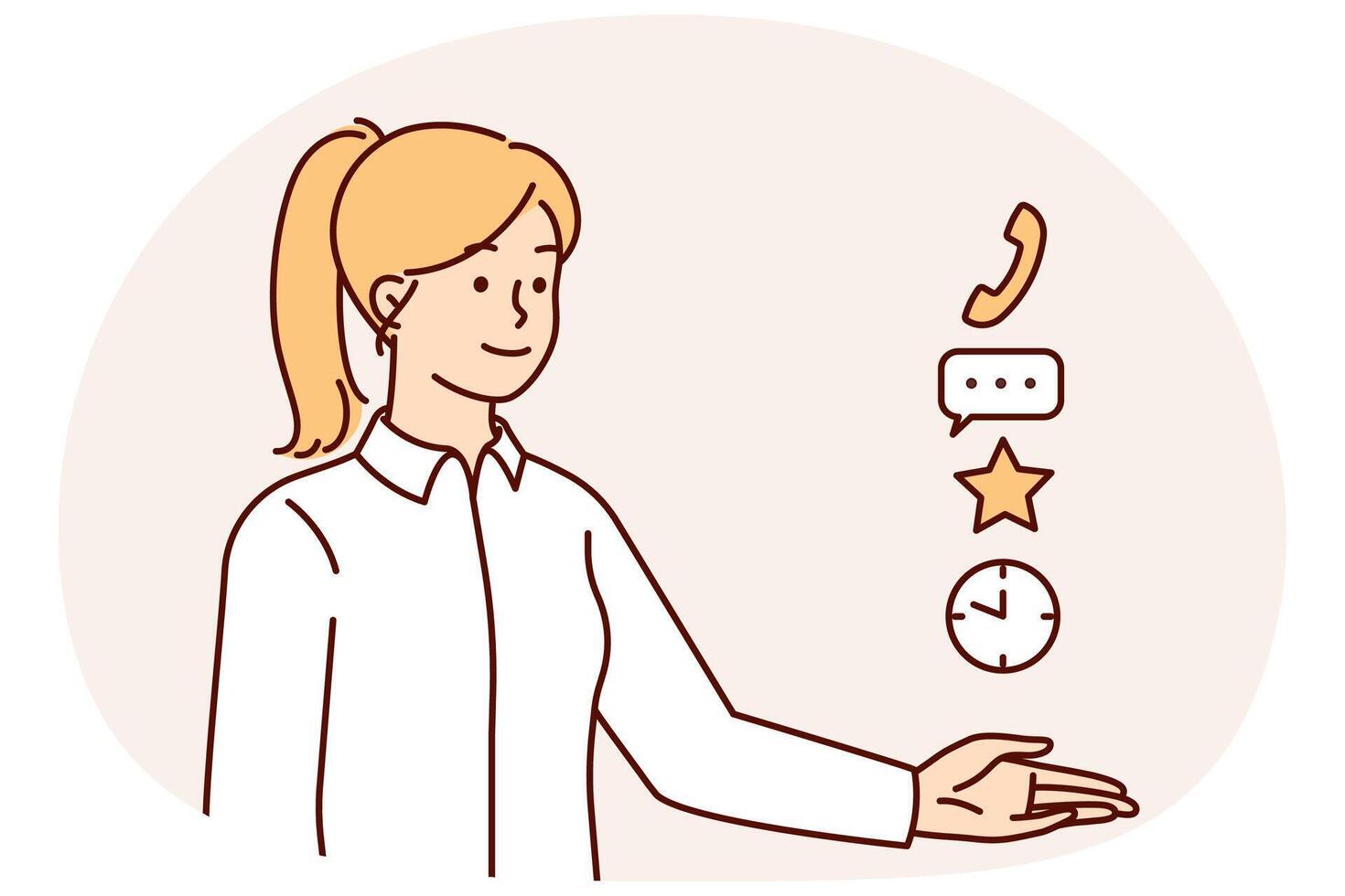 Successful business woman stretching hand forward looking at symbols of calls or messages vector