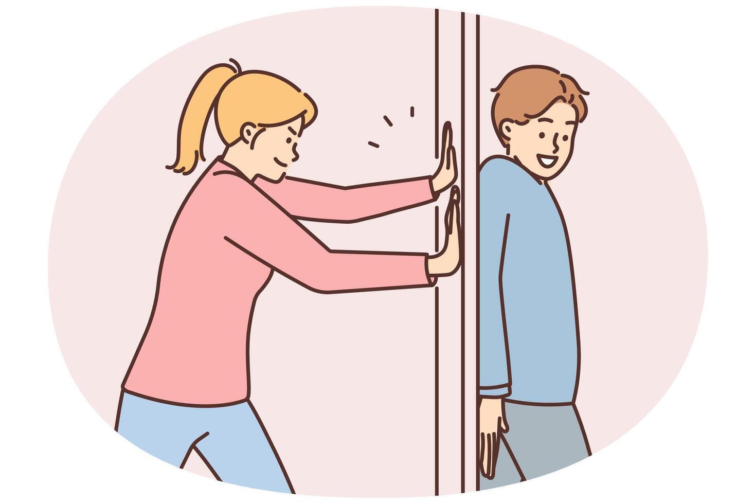 Positive man hides behind door preventing girlfriend from passing or arranging prank vector