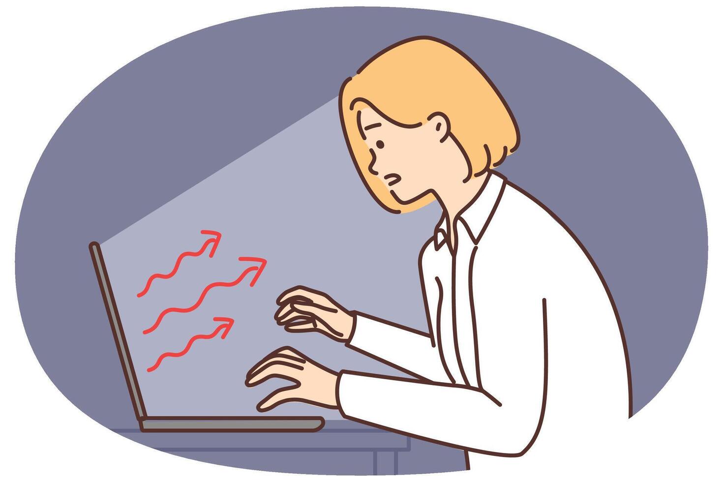 Woman is typing on keyboard, stretching hands to laptop that negatively affects health or psyche vector