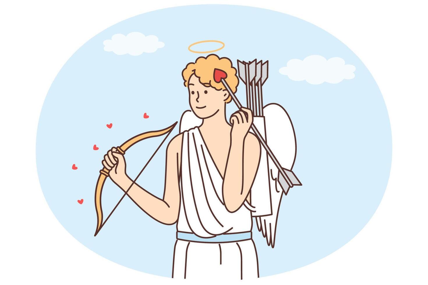 Ancient Greek god cupid with bow and arrow with tip in form of heart stands wanting to give love vector