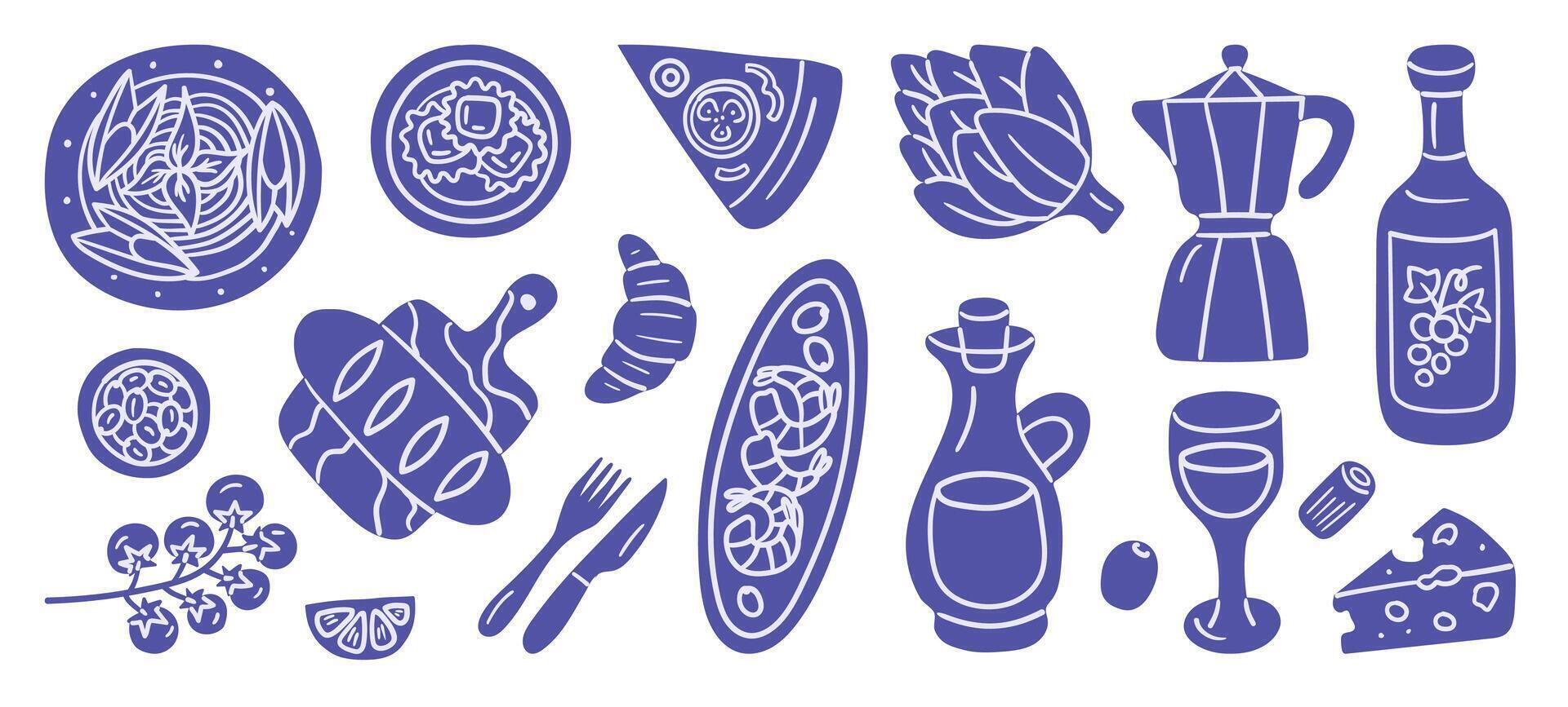 Hand-drawn Italian food silhouettes imitating ink pen linework. Includes pasta, pizza, wine, moka pot, cheese, and more. Great for menu design, packaging, or culinary branding. vector