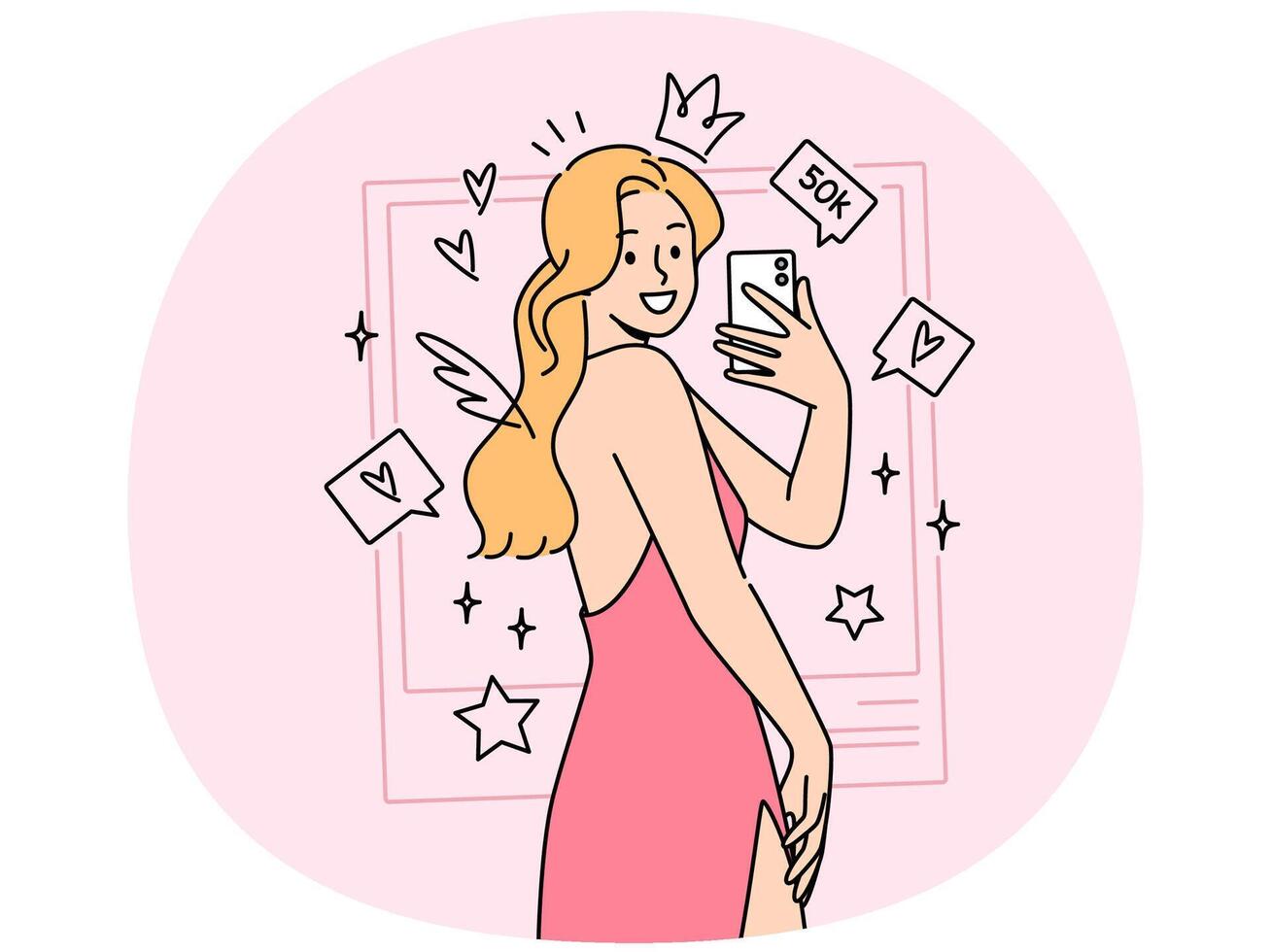Woman photo model takes selfie in cocktail dress, standing among rating icons from social networks vector