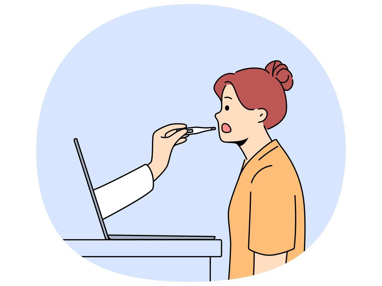 Woman patient uses telemedicine services standing near laptop with doctor hand sticking out screen vector