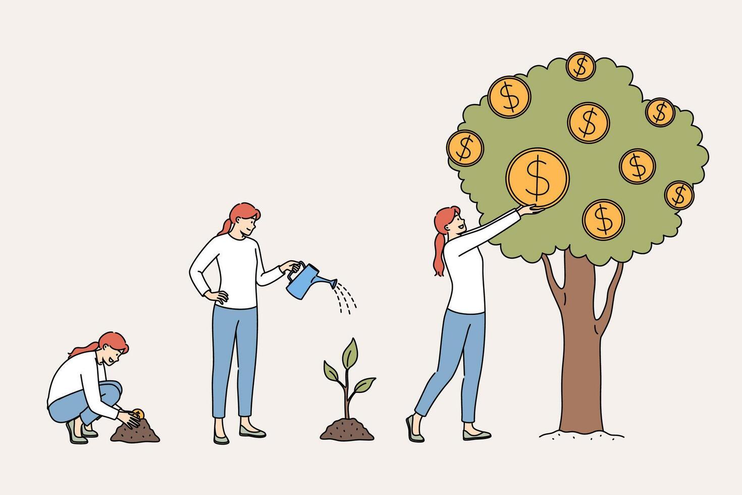 Financial progress is demonstrated by woman planting coin in ground and seeing tree grow vector