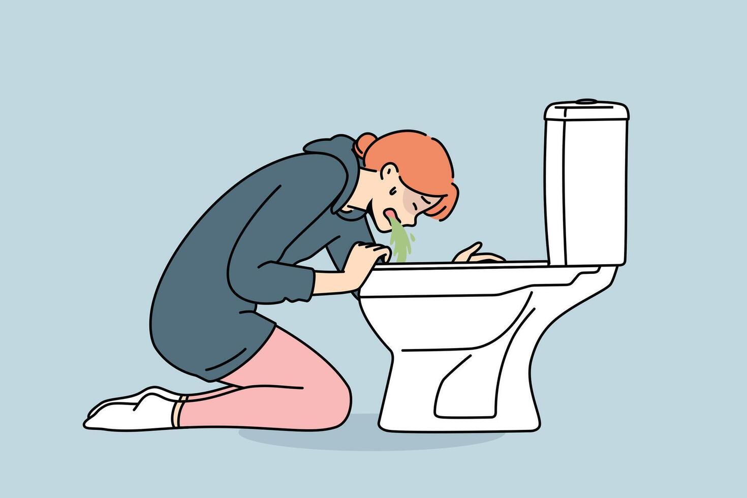 Woman vomits into toilet due to food poisoning caused by consumption of high-quality products vector