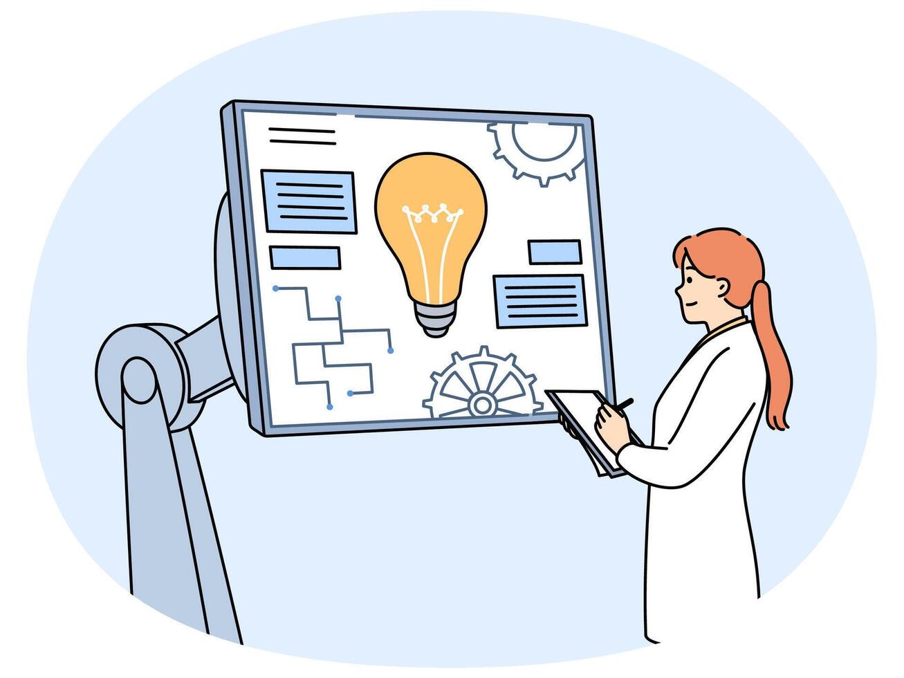 Woman industrial engineer is working on creation of robotics standing near monitor with gears vector