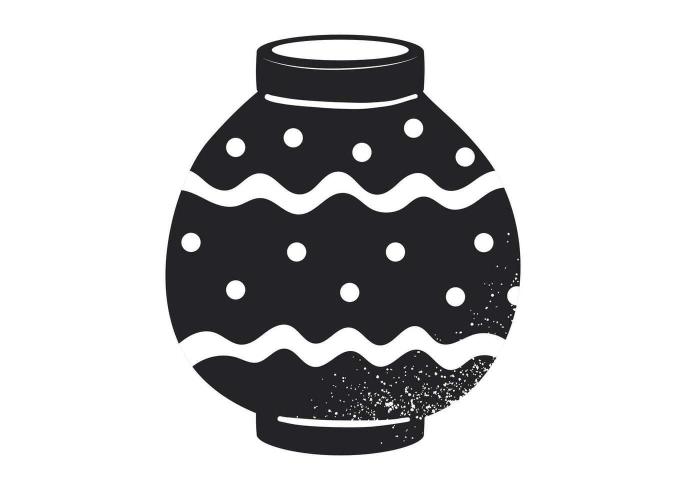 Black and white silhouette of African tribal pot with ethnic dotted and wavy patterns. Grunge textured isolated illustration of traditional ceramic pottery used in ancient cultures. vector
