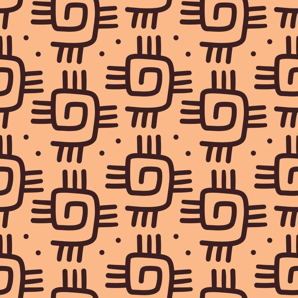 Seamless Tribal Pattern with Ethnic Geometric Motif. African Inspired Hand Drawn Symbols in Earth Tones on Beige Background for Textile or Wallpaper Design vector