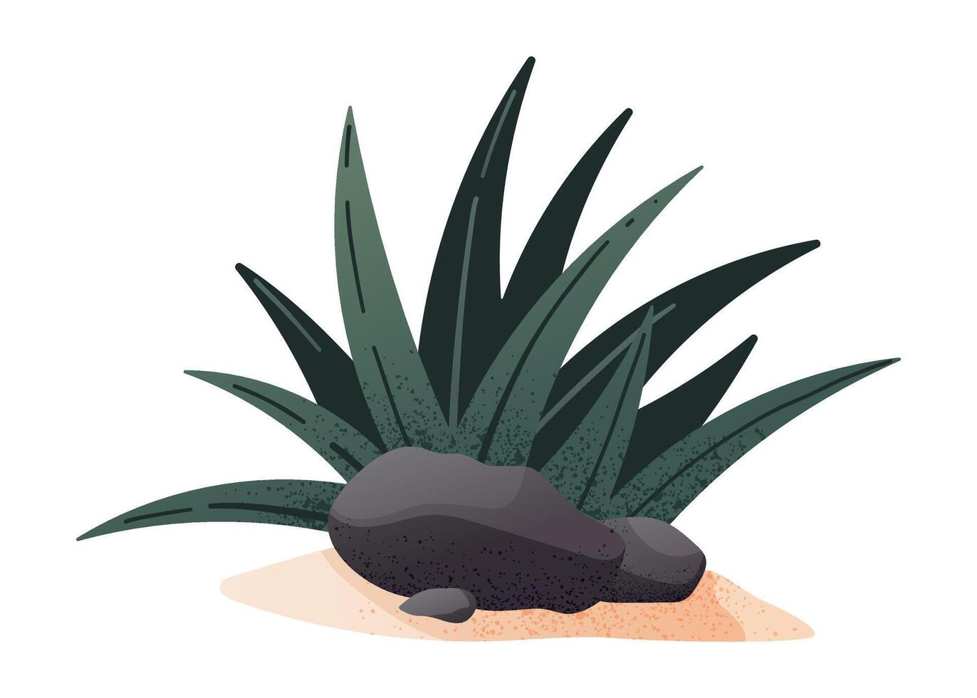Tropical Desert Plant with Volcanic Rocks. Exotic Agave or Aloe Vera Style Illustration in Natural Tones, Isolated on White Background vector