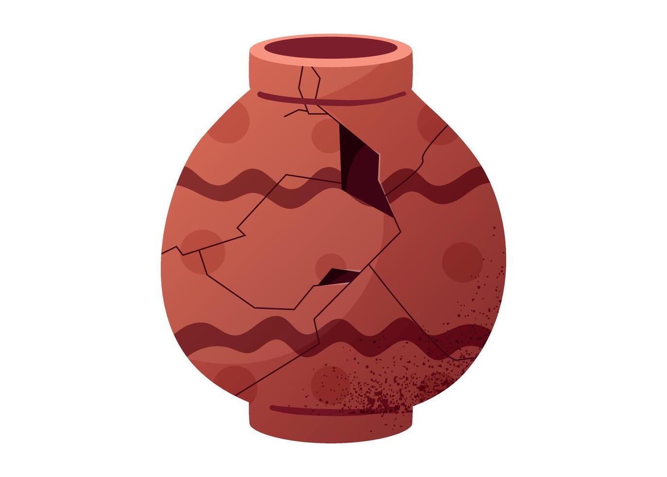 Cracked African clay pot with ethnic pattern. Broken tribal earthenware jar with damage and texture. cartoon isolated illustration of traditional handmade pottery used in African heritage. vector