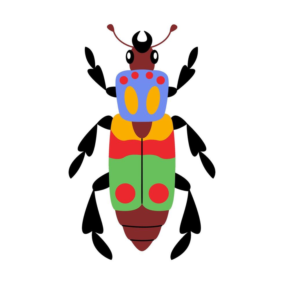 Stylized, cartoonish beetle with unique and colorful design. Hand drawn trendy flat style. Simple, Minimalist design, clean modern flat style. Ideal for nature designs or childrens illustrations vector