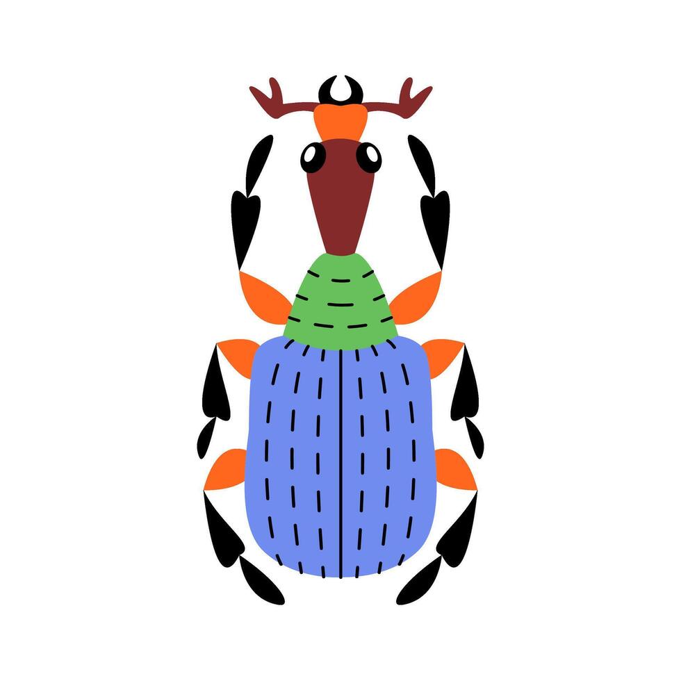 Stylized cartoonish beetle with unique and colorful design. Hand drawn trendy flat style. Simple, Minimalist design, clean lines modern flat style. Ideal for nature designs or childrens illustrations vector