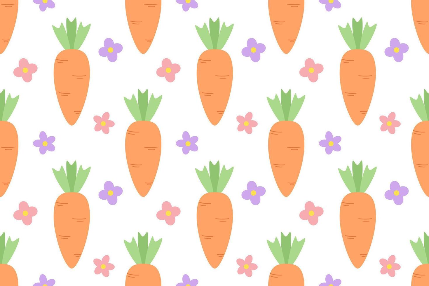 Seamless colorful pattern with carrots and pink and purple flowers.Simple flat style on white. Ideal for wrapping paper, children's textile, gardening, farming, Easter and healthy lifestyle themes vector