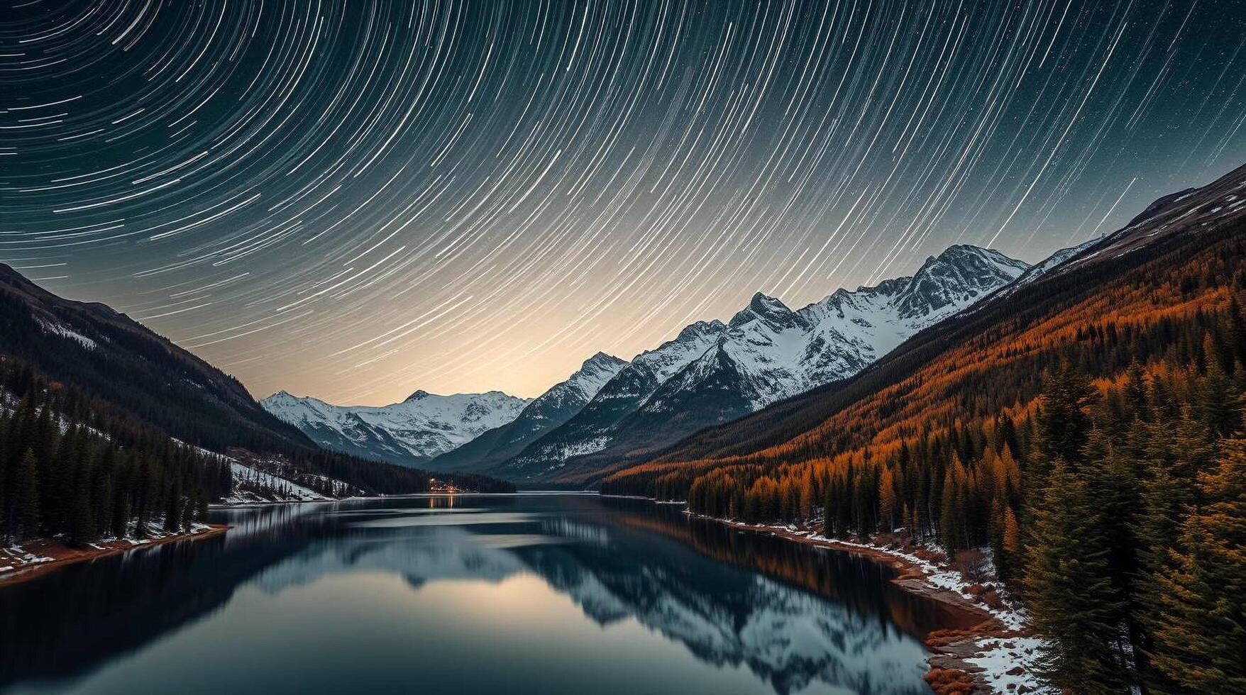 A lake and mountains under a star trail photo