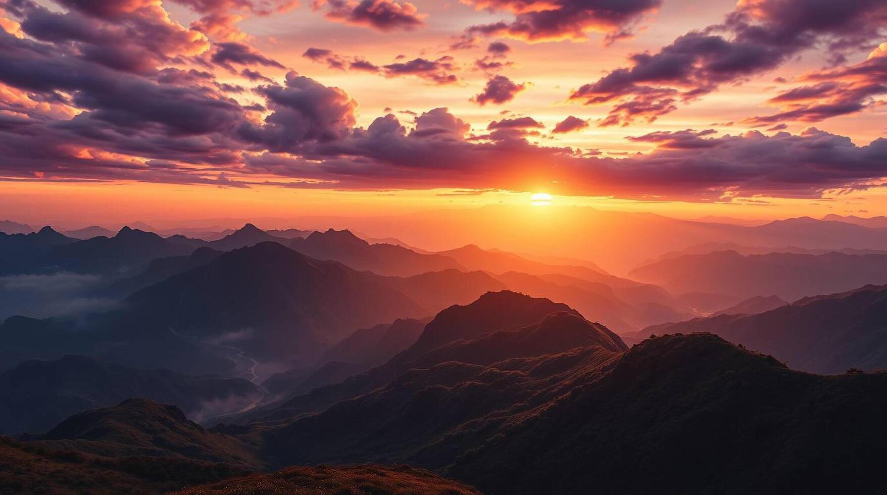 The sun setting over the mountains in vietnam photo