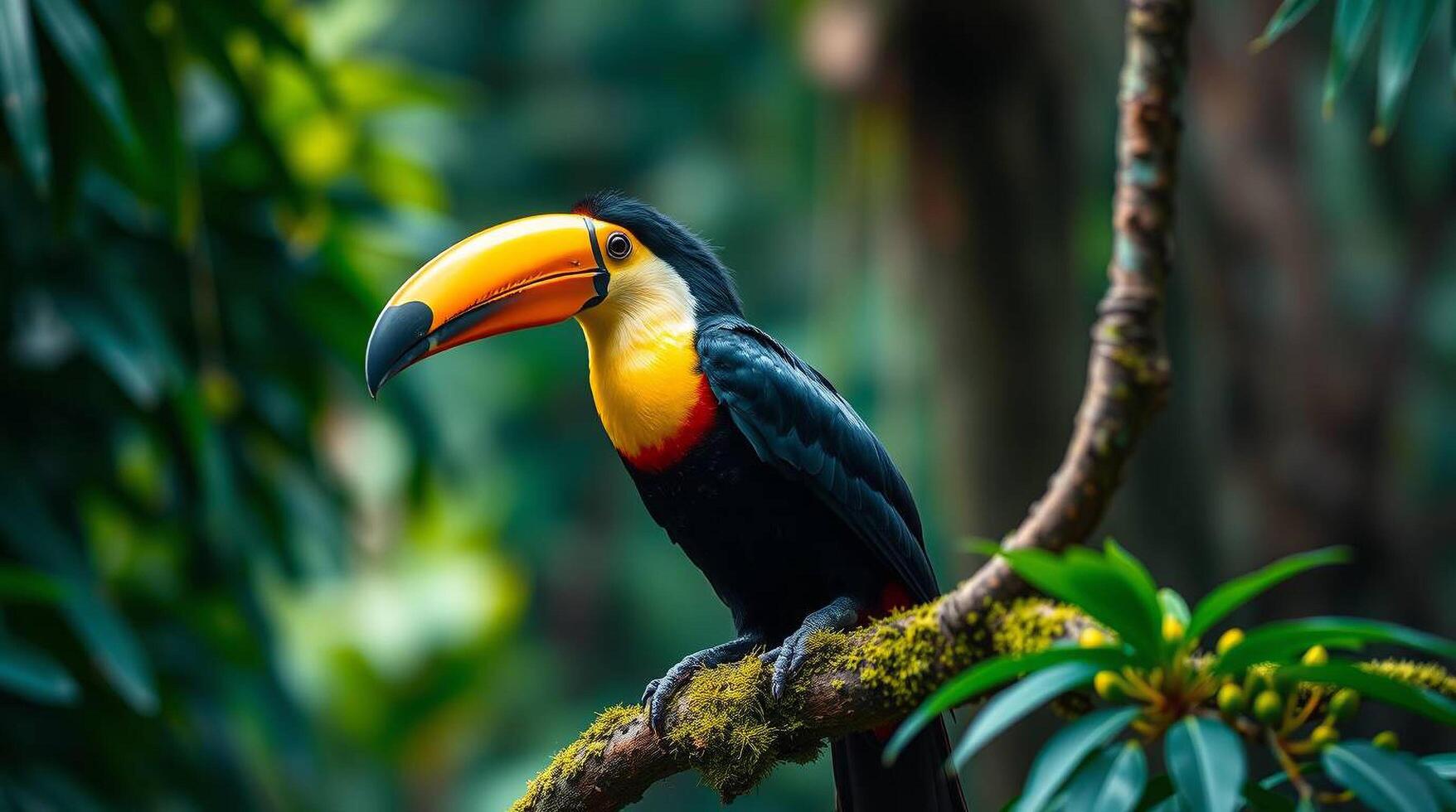 A toucan is perched on a branch in the jungle photo