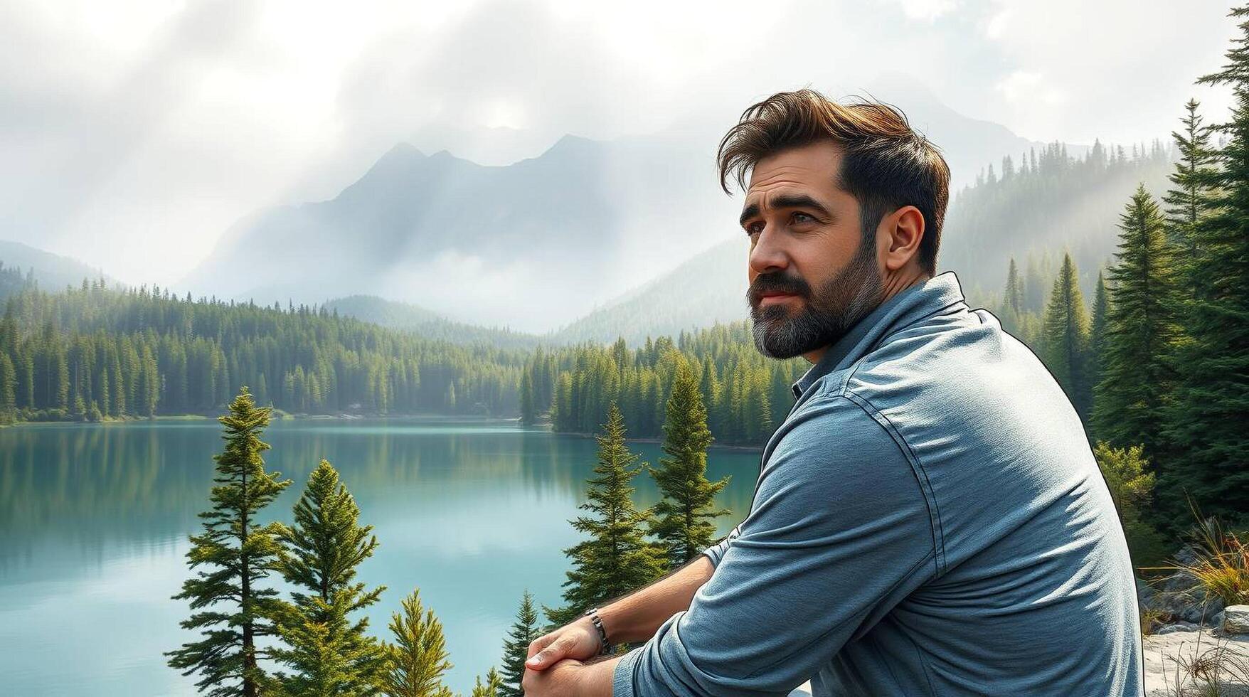 A man with a beard sitting on a rock overlooking a lake photo