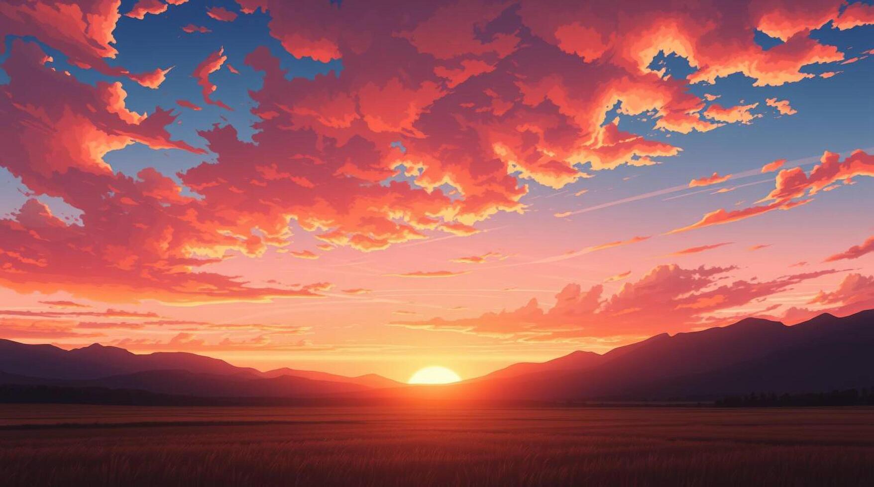 A sunset over a field with mountains in the background photo