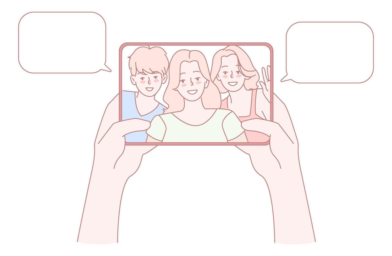A group of friends joyfully taking a selfie together with their smartphone during a fun moment vector