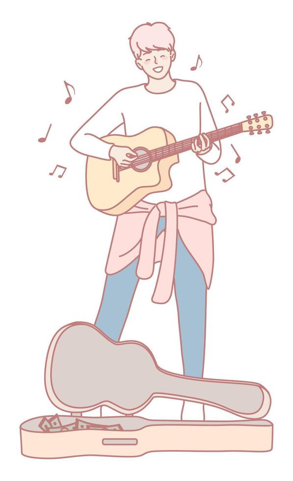 A Young Musician Enthusiastically Playing Guitar in an Elegant Minimalist Style Atmosphere vector