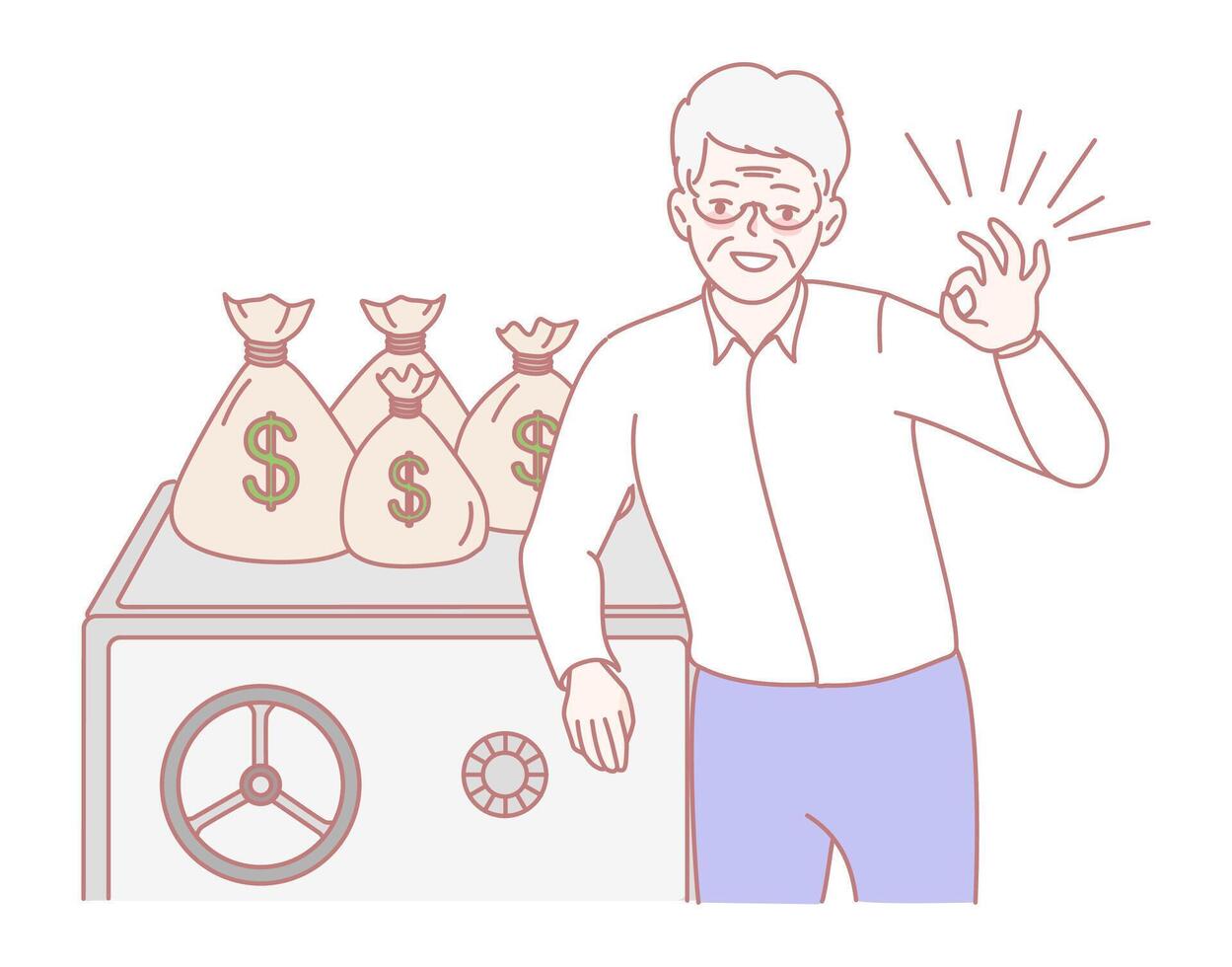 An Elderly Man Holding Money Bags While Displaying a Positive OK Sign Gesture of Approval vector