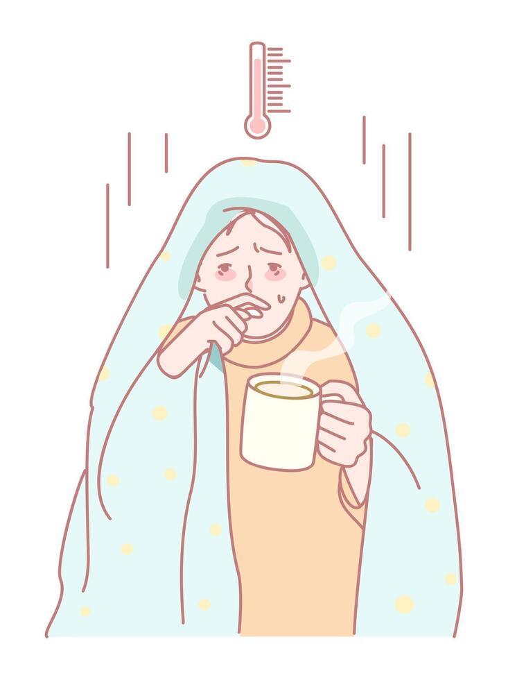 Feeling Unwell A Cozy and Inviting Illustration of a Person Sick with a Warm Cup of Tea vector