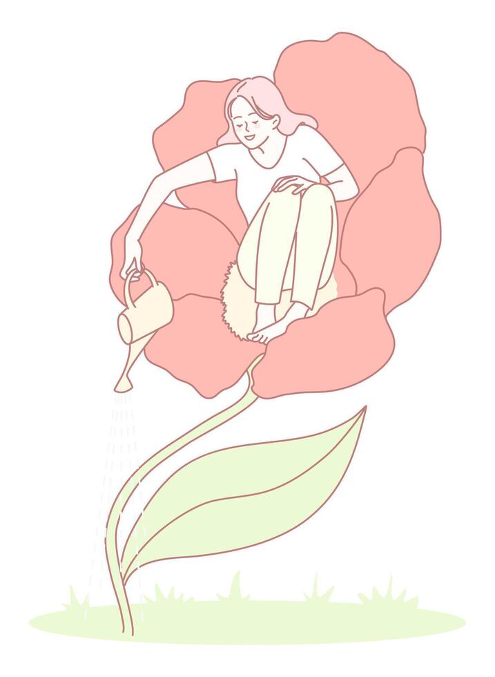 Whimsical Gardening A Woman Joyfully and Lovingly Tending to a Beautiful Flower Garden vector