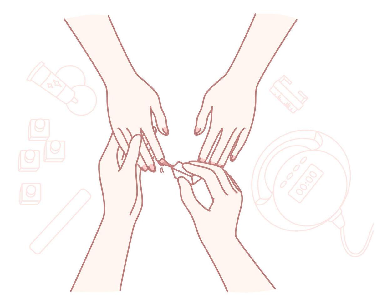 Hands Engaged in the Detailed Nail Care Process Utilizing Various Tools and Accessories vector