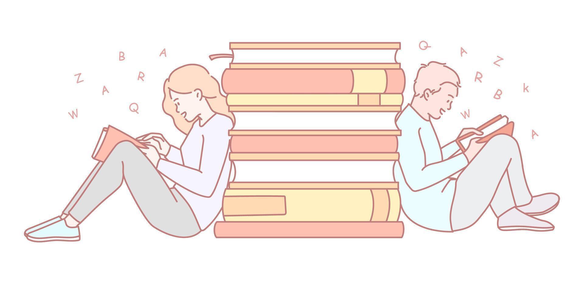 Enthusiasts of reading are often found surrounded by a wide variety of books they love vector