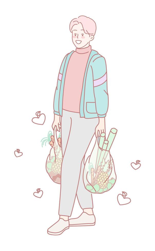 A Stylish Shopper is Happily Carrying Groceries While Using EcoFriendly Bags in a Cartoonish Style vector