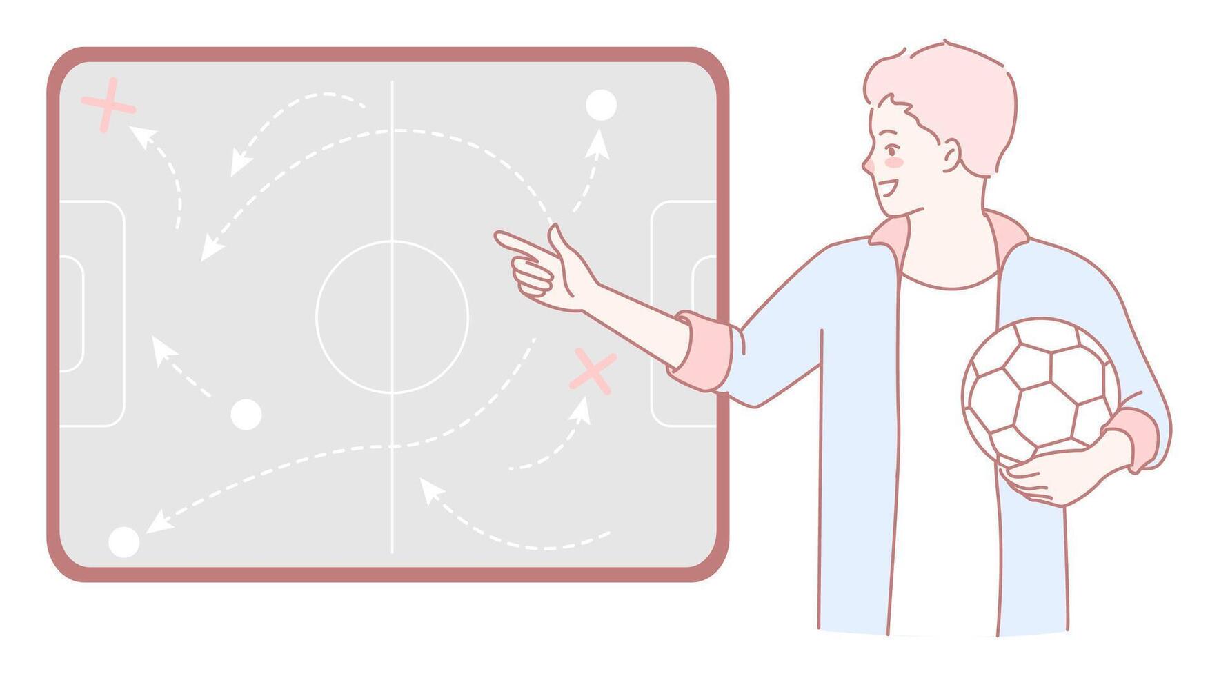 A Soccer Coach is skillfully illustrating tactics on a board while holding a ball in hand vector
