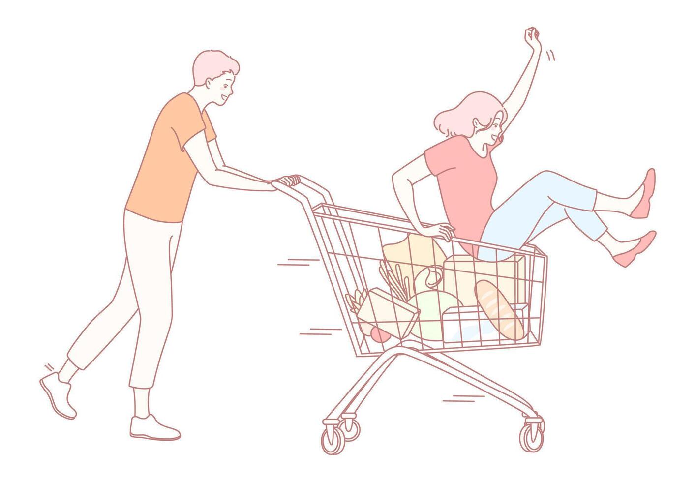 Embark on a Fun Shopping Cart Ride Adventure with Close Friends for a Joyful Day vector