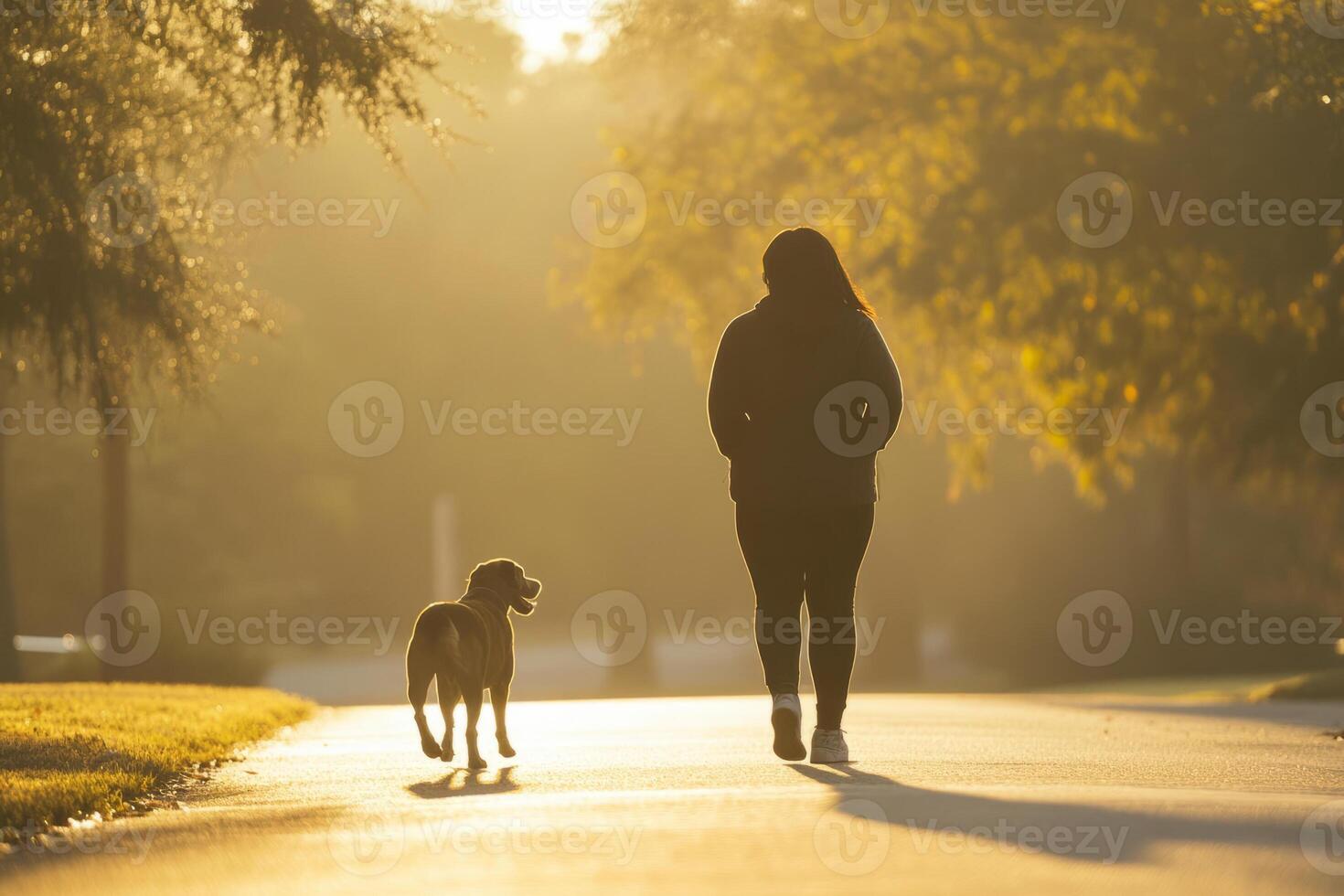 A woman walking her dog in the park at sunset photo