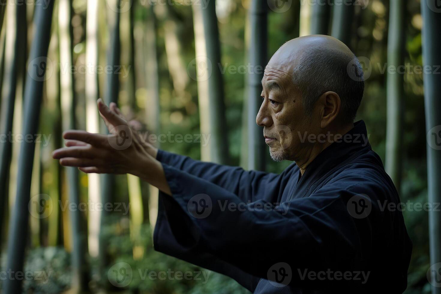 An older man in black is doing a martial move photo