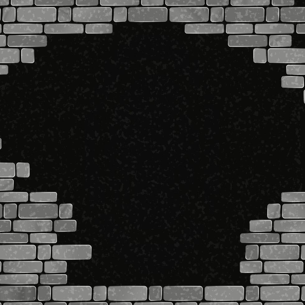 Gray brick wall with a large central hole revealing a black background. vector