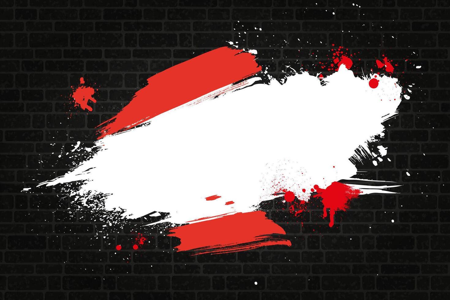 A dark brick wall serves as the backdrop for a dynamic splash of red and white paint. vector