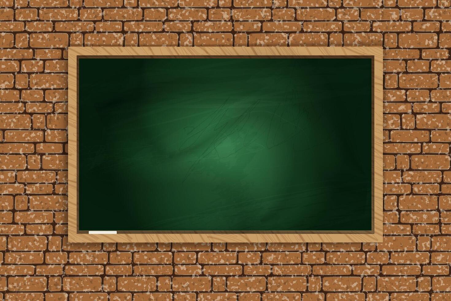 A green chalkboard with a wooden frame is mounted on a brown brick wall. vector