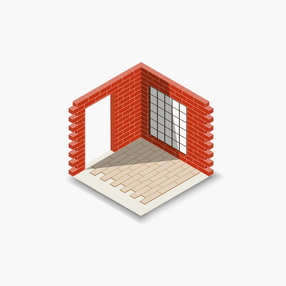 Isometric illustrations of a room corner with two red brick walls vector