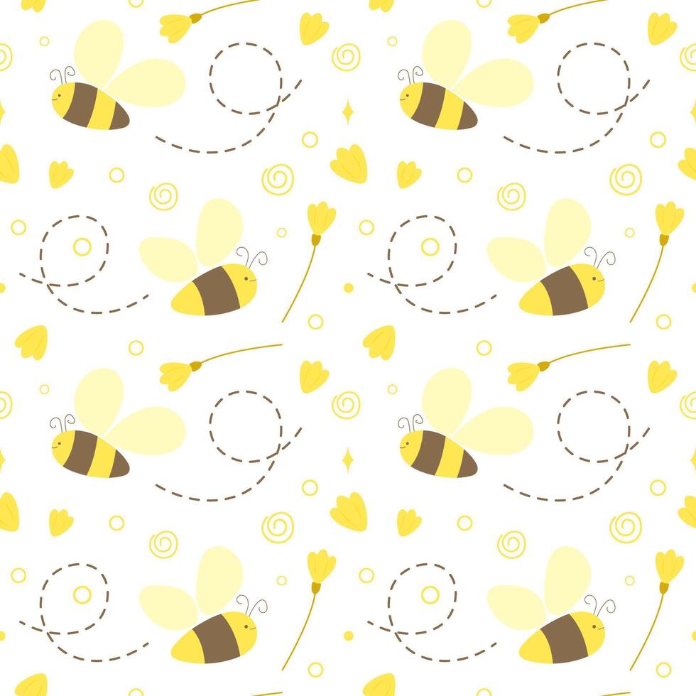 Cute seamless pattern with cartoon bees and flowers. Perfect for kids textile, fabric, clothing, wallpaper and so on. Childish print vector